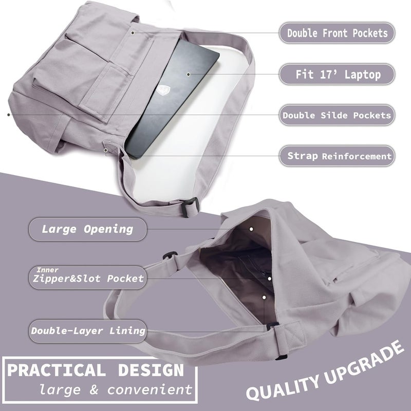 yaucher Store Canvas Messenger Bag Large Hobo Crossbody Bag with Multiple Pockets Casual Shoulder Tote Bag for Women and Men - Image 5